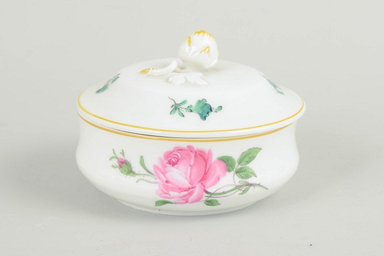 Meissen, Germany. Round porcelain lidded bowl with polychrome flowers. Early 20th century. (1 of 4)
