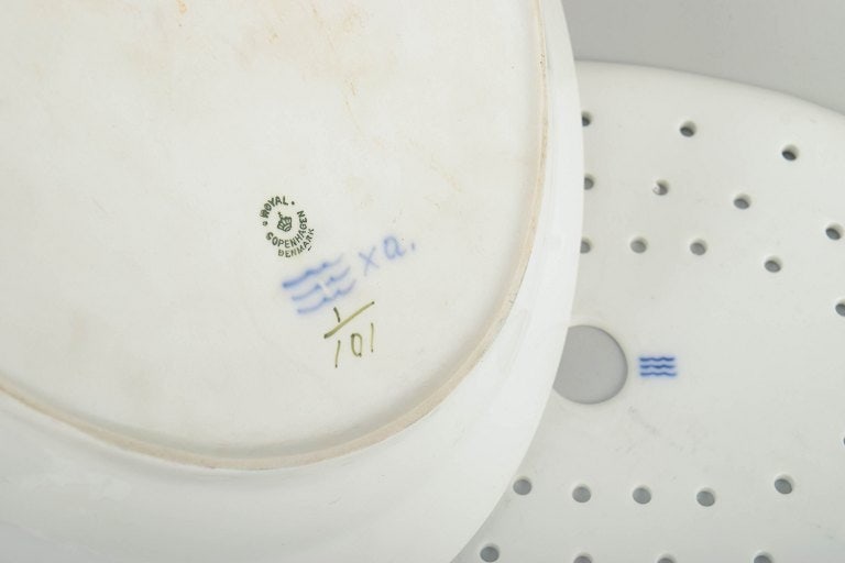 Royal Copenhagen, Denmark. Blue Fluted Plain porcelain fish strainer with tray with blue decoration. (1 of 4)