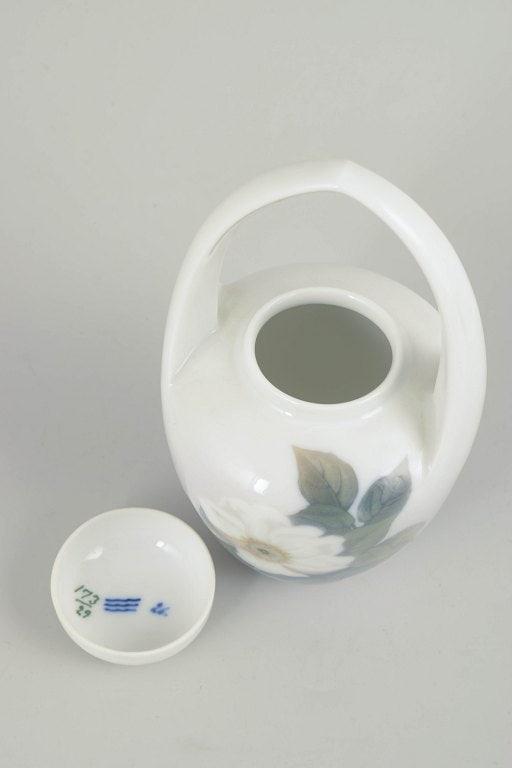 Royal Copenhagen, Denmark. Art Nouveau porcelain lidded vase with handle with floral and foliage - 2