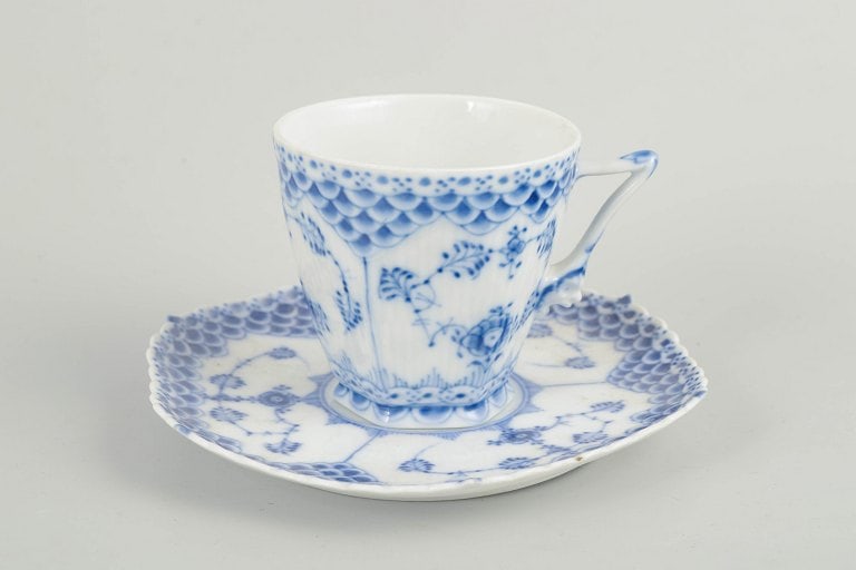 Royal Copenhagen, Denmark. Blue Fluted Full Lace coffee cup with saucer with underglaze decoration. (1 of 4)