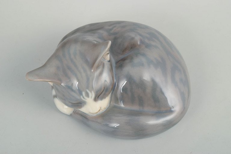 Royal Copenhagen, Denmark. Porcelain figurine depicting a curled, sleeping cat in grey and white - 2