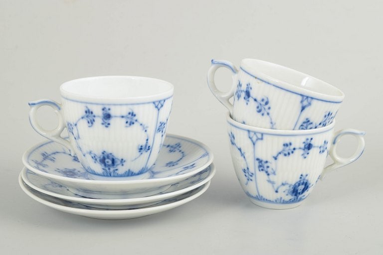 Royal Copenhagen, Denmark. Blue Flower Braided set of three porcelain coffee cups with matching (1 of 4)