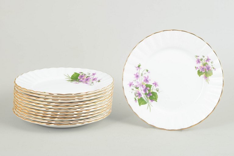 Royal Stafford, England. Set of twelve bone china cake plates with purple flowers. Mid-20th century. (1 of 4)