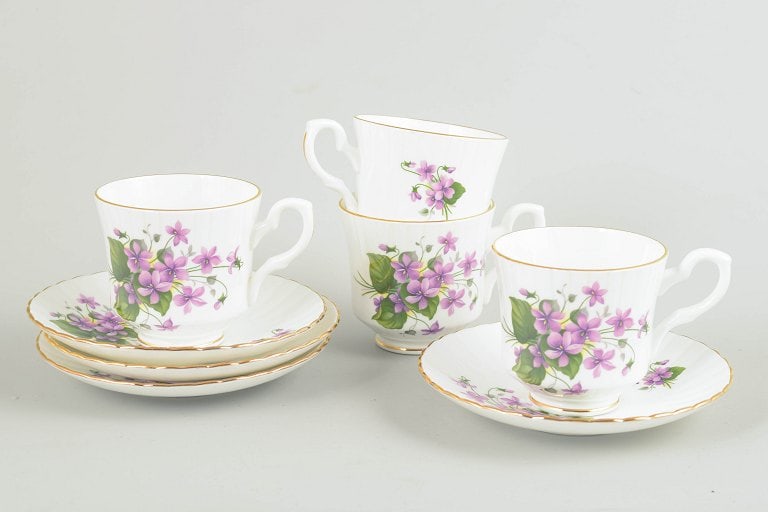 Royal Stafford, England. Set of four bone china coffee cups with saucers with purple flowers. (1 of 4)