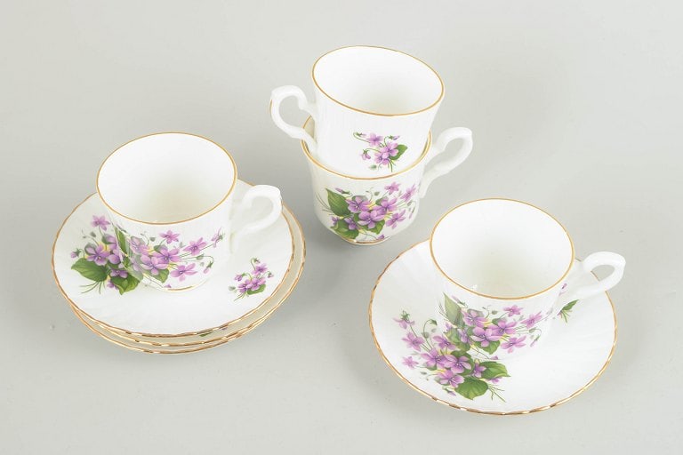 Royal Stafford, England. Set of four bone china coffee cups with saucers with purple flowers. - 2