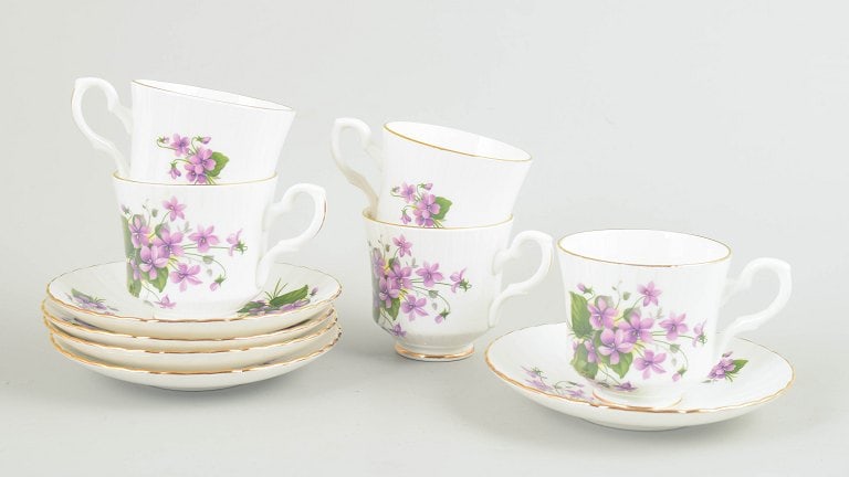 Royal Stafford, England. Set of five bone china coffee cups with saucers with purple flowers. (1 of 4)
