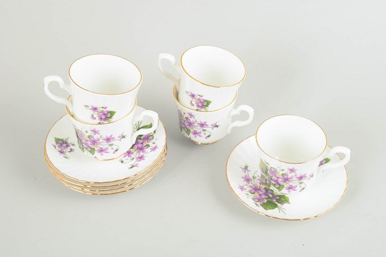 Royal Stafford, England. Set of five bone china coffee cups with saucers with purple flowers. - 2