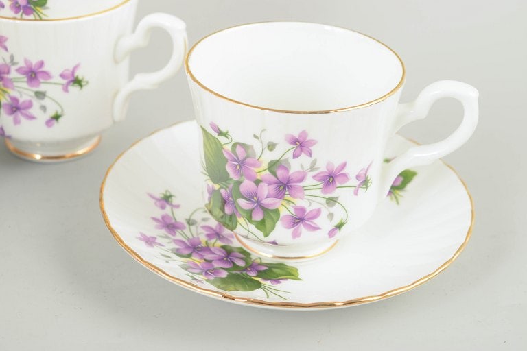 Royal Stafford, England. Set of five bone china coffee cups with saucers with purple flowers. - 3