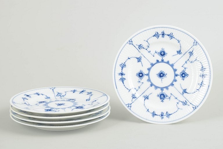Royal Copenhagen, Denmark. Blue Fluted Plain set of five porcelain cake plates with underglaze blue (1 of 4)