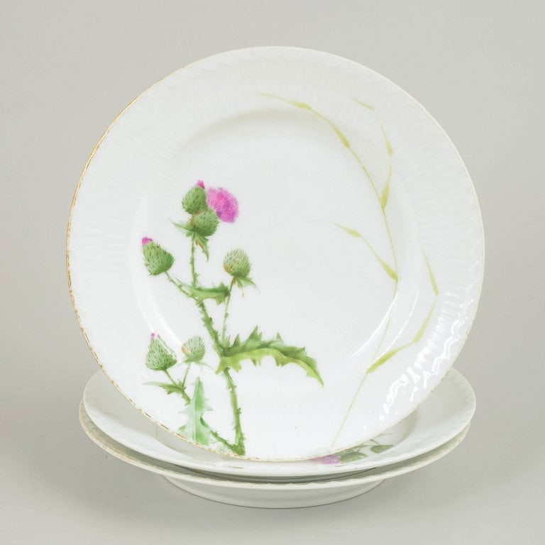 Royal Copenhagen, Denmark. Set of three porcelain deep pasta plates with thistle motif. Second half (1 of 4)