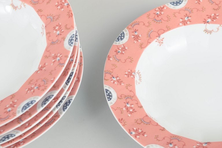 Royal Copenhagen, Denmark. Set of six deep plates in white porcelain with decoration in pink tones. - 3
