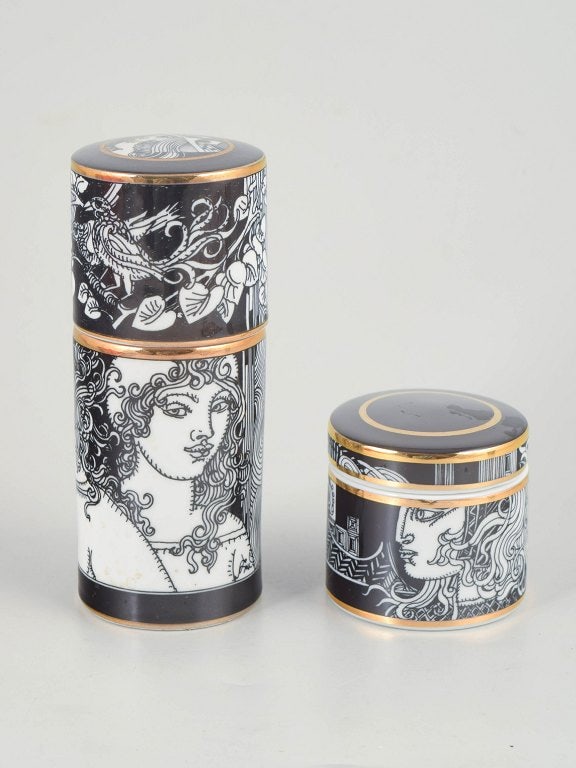 Hollóháza, Hungary. Two cylindrical porcelain lidded jars with black and white decoration. Dated (1 of 4)