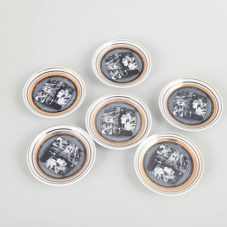 Hollóháza, Hungary. Set of six round porcelain coasters with black and white decoration. Approx. - 2