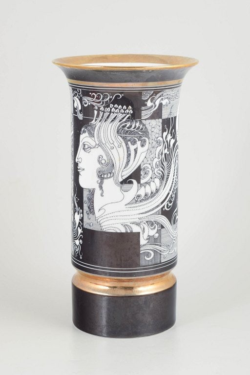 Hollóháza, Hungary. Large cylindrical porcelain vase with black and white decoration. Dated 1979. (1 of 4)