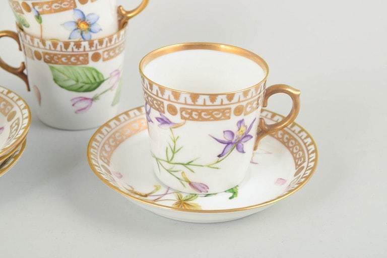 Royal Copenhagen, Denmark. Flora Danica set of four porcelain cups with matching saucers. Dated - 3