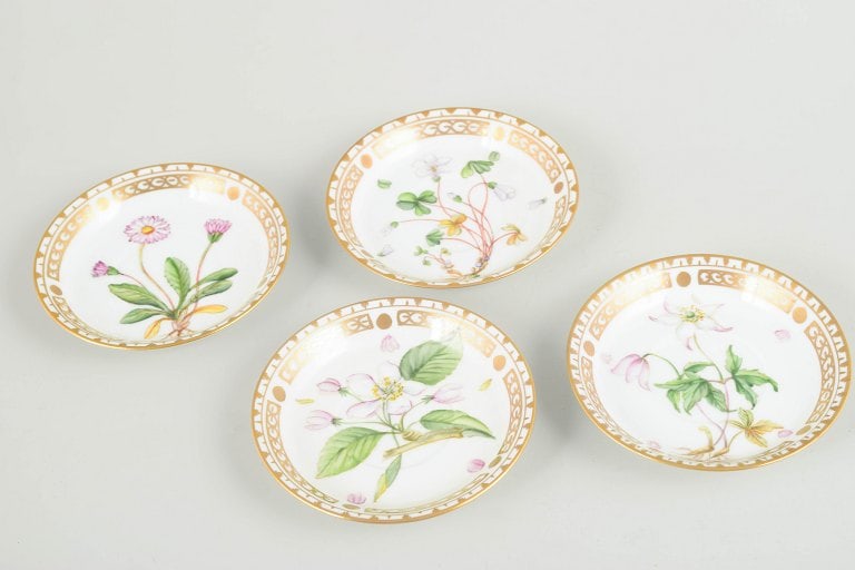 Royal Copenhagen, Denmark. Flora Danica set of four porcelain cups with matching saucers. Dated - 4