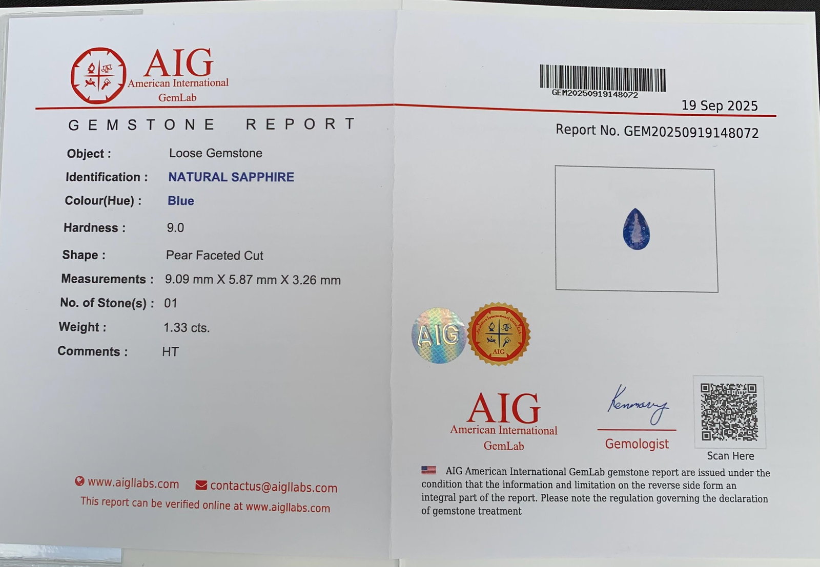 AIG Certified Faceted Blue Sapphire: 1.33 Carat Pear Cut Gemstone: Highlights Supplies for making crafts Materials: Gemstone: Sapphire AIG Certified Natural Sapphire Faceted Loose Blue Color Sapphire Pear Cut For Jewellery Making September Birthstone Weight: 1.33 car