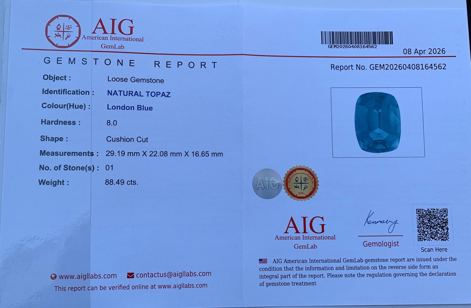 Certified Natural London Blue Topaz Gemstone: 88.49 Ct Cushion Cut Brazil Collector Stone: Highlights Supplies for making crafts Materials: Gemstone: Topaz Carat weight: 88.49 Presenting an extraordinary Certified Natural London Blue Topaz gemstone weighing an impressive 88.49 carats,