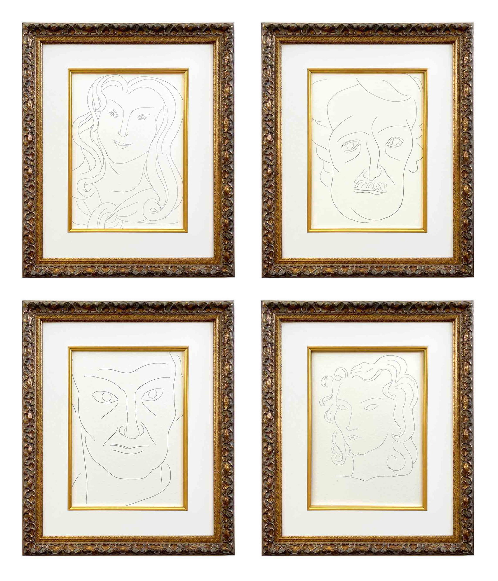 Matisse Set of four drawings 103-115-133-136 framed: Title: Matisse Set of four drawings 103-115-133-136 framed Description: Artist: Henri Matisse (after)\nCountry: France\nTitle: Set of four drawings 103-115-133-136\nMedium: Facsimile \nMarks: Not sign