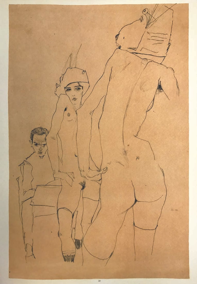 Schiele Lithograph 10 Drawing model in front of mirror: Title: Schiele Lithograph 10 Drawing model in front of mirror Description: Artist:Egon Schiele \nCountry:Austria \nTitle:Drawing model in front of a mirror \nMedium:Lithograph - 10 \nMarks:Signed in