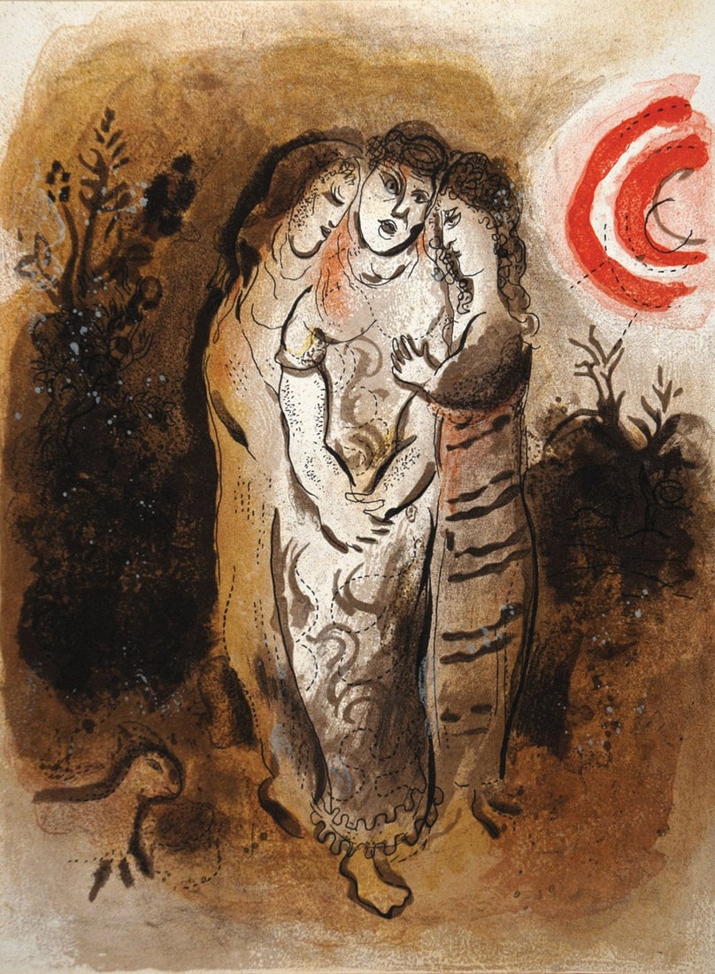 Chagall Lithograph Naomi and her daughters in law 1960 Drawing for Bible: Title: Chagall Lithograph Naomi and her daughters in law 1960 Drawing for Bible Description: Artist: Marc Chagall \nCountry: Russia \nTitle: Naomi & her daughters in law \nMedium: Color Lithograph