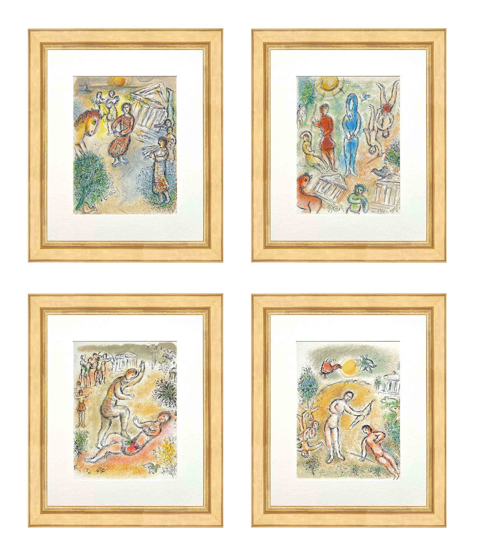 1989 Chagall Set of four framed Odyssee 10-11-17-21: Title: 1989 Chagall Set of four framed Odyssee 10-11-17-21 Description: Title: Set of four framed from Odyssee \nArtist: Marc Chagall \nMedium: Lithograph N. 10-11-17-21 \nMarks: Not signed, not numbe