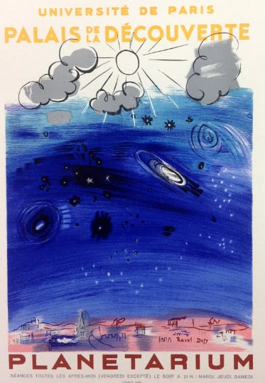 Dufy Lithograph 29 Planetarium Art in posters: Title: Dufy Lithograph 29 Planetarium Art in posters Description: Artist: Raoul Dufy \nCountry: France \nTitle: Planetarium \nMedium: Lithograph \nSize: 9.5 x 12.5 inches \nPrinted; 1959 by Mourlot Fr