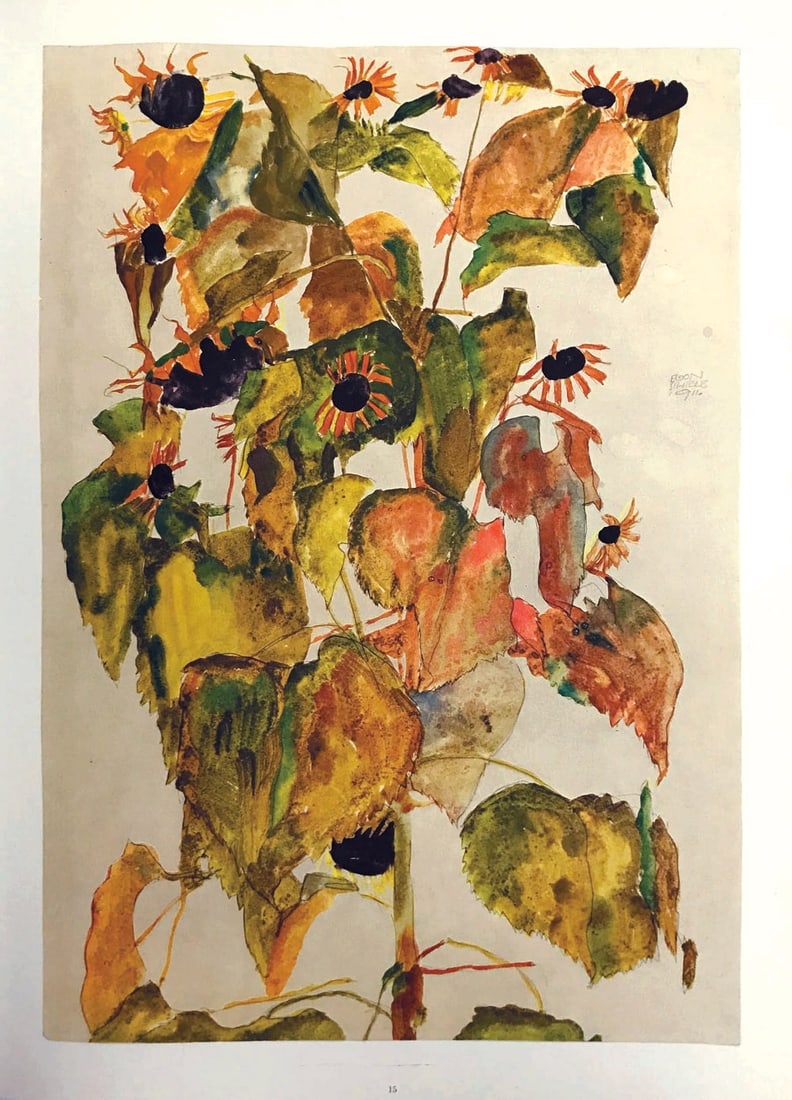 1968 Egon Schiele Lithograph 15 Sunflowers: Title: 1968 Egon Schiele Lithograph 15 Sunflowers Description: Artist:Egon Schiele \nCountry:Austria \nTitle:Sunflowers \nMedium:Lithograph - 15 \nMarks:Signed in plate \nPrinted:1968 by Max Jaffe, Vi
