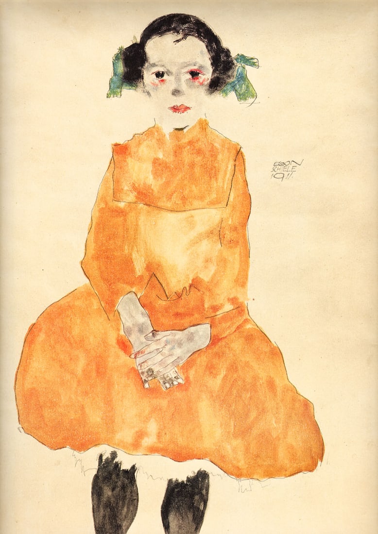 Schiele Lithograph 21 Girl in Yellow Dress 1968: Title: Schiele Lithograph 21 Girl in Yellow Dress 1968 Description: Artist:Egon Schiele \nCountry:Austria \nTitle:Girl in yellow dress \nMedium:Lithograph - 21 \nMarks:Signed in plate \nPrinted:1968 b