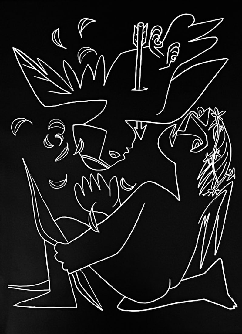 Francoise Gilot Lithograph Wounding Arrow 1975: Title: Francoise Gilot Lithograph Wounding Arrow 1975 Description: Artist: Francoise Gilot \nCountry: France \nTitle: Wounding Arrow \nMedium: Lithograph \nMarks: Not signed, not numbered \npaper size