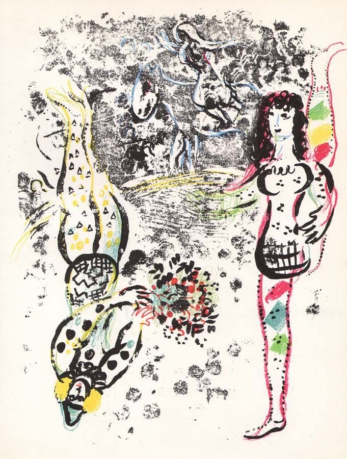 1963 Marc Chagall Original Lithograph Acrobat at Play: Title: 1963 Marc Chagall Original Lithograph Acrobat at Play Description: Artist: Marc Chagall \nCountry: Russia-France \nTitle: Acrobat at play \nMedium: Original Lithograph \nMarks: Not signed, not 