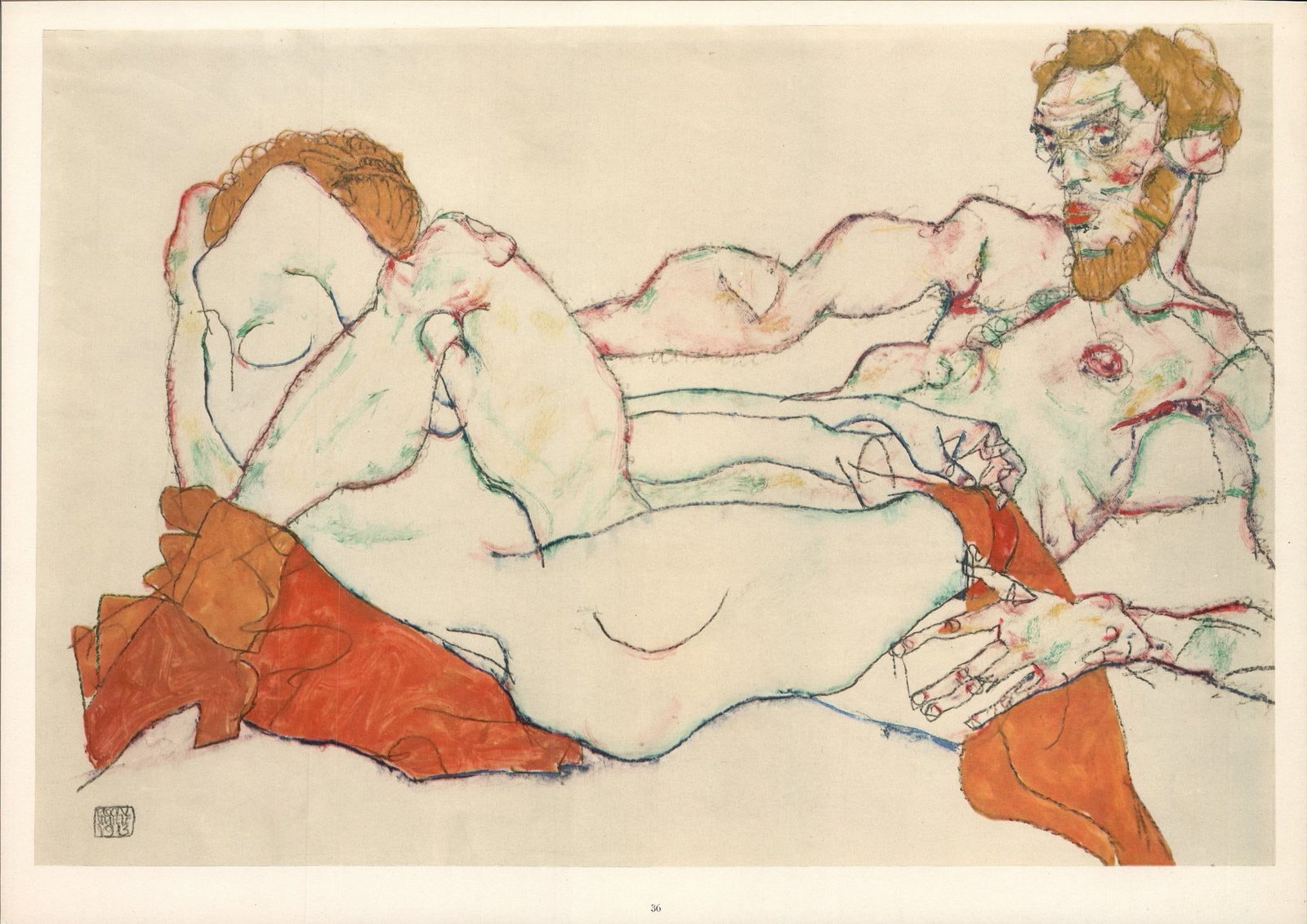 Schiele Lithograph 36 Entwined Reclining Couple: Title: Schiele Lithograph 36 Entwined Reclining Couple Description: Artist:Egon Schiele \nCountry:Austria \nTitle:Entwined reclining couple \nMedium:Lithograph - 36 \nMarks:Signed in plate \nPrinted:1