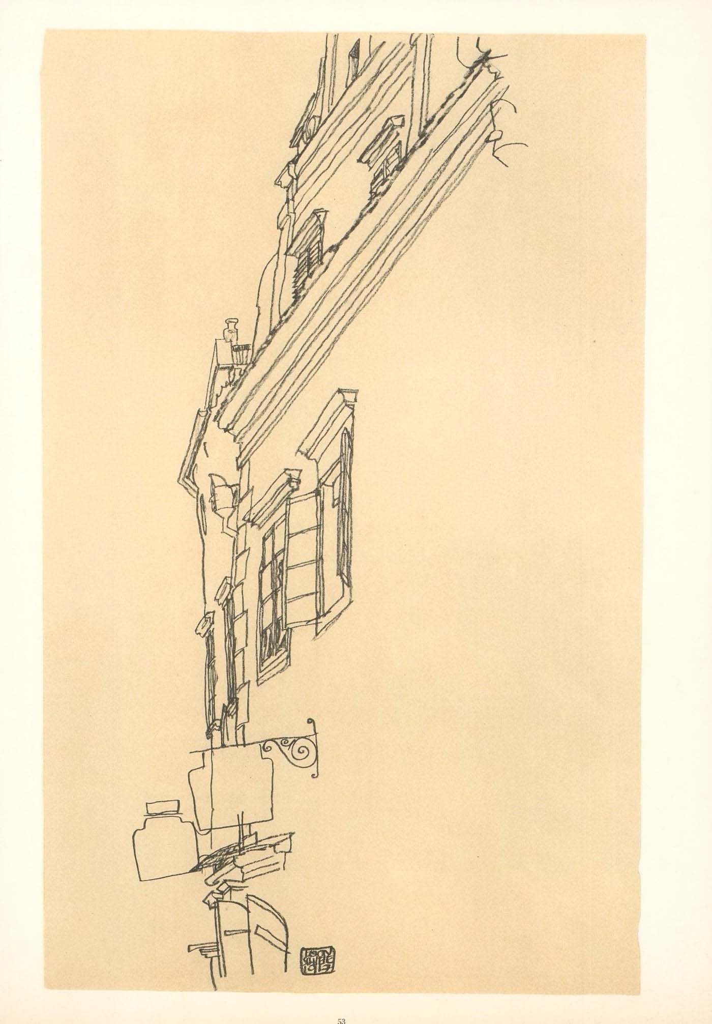 Schiele Lithograph 53 Gabled Houses at Krumau: Title: Schiele Lithograph 53 Gabled Houses at Krumau Description: Artist:Egon Schiele \nCountry:Austria \nTitle:Gabled houses at Krumau \nMedium:Lithograph - 53 \nMarks:Signed in plate \nPrinted:1968 