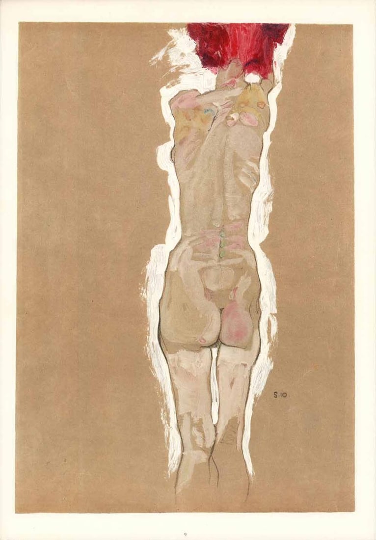 Schiele Lithograph 9 Figure Standing Back Side 1968: Title: Schiele Lithograph 9 Figure Standing Back Side 1968 Description: Artist:Egon Schiele \nCountry:Austria \nTitle:Figure Girl Standing from Back Side \nMedium:Lithograph - 9 \nMarks:Signed in plat