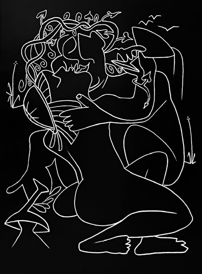 Francoise Gilot Lithograph Last Embrace 1975: Title: Francoise Gilot Lithograph Last Embrace 1975 Description: Artist: Francoise Gilot \nCountry: France \nTitle: Last Embrace \nMedium: Lithograph \nMarks: Not signed, not numbered \npaper size: 12