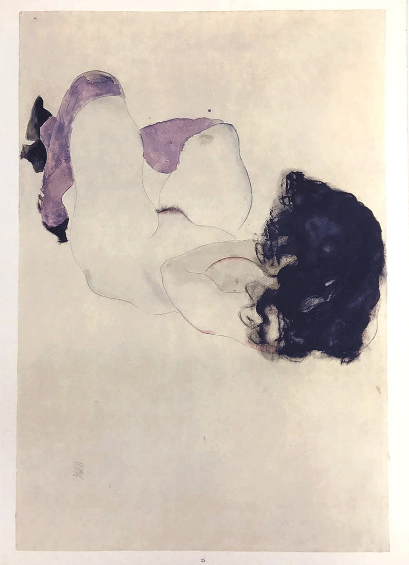 1968 Schiele Lithograph 25 Figure with purple stockings: Title: 1968 Schiele Lithograph 25 Figure with purple stockings Description: Artist:Egon Schiele \nCountry:Austria \nTitle:Figure with purple stockings \nMedium:Lithograph -25 \nMarks:Signed in plate \