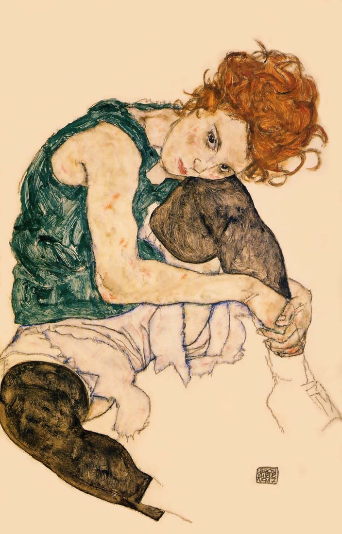 Schiele Lithograph 56 Seated woman with bent knee: Title: Schiele Lithograph 56 Seated woman with bent knee Description: Artist:Egon Schiele \nCountry:Austria \nTitle:Seated woman with bent knee \nMedium:Lithograph -56 \nMarks:Signed in plate \nPrinte