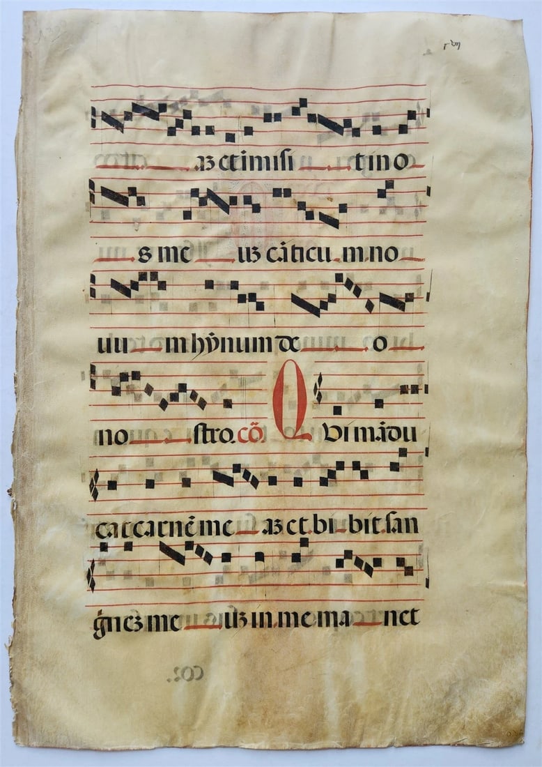 17th century ANTIPHONAL MUSIC CHART VELLUM MANUSCRIPT antique LITURGICAL 18x26" (1 of 5)