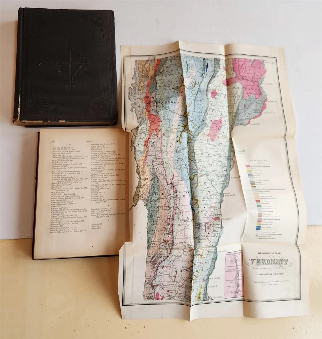 1861 Report on the Geology of Vermont 2 VOLUMES antique ILLUSTRATED Americana: Hager, Albert D. Report on the Geology of Vermont. Claremont, 1861 2 volumes 38 lithograph or folding plates, incl. fold out map of Vermont, illustrations within text. Original embossed cloth; exlibra