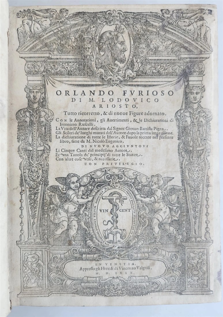 1580 ORLANDO FURIOSO by LUDOVICO ARIOSTO amazingly illustrated ANTIQUE 16th CENT: Ariosto Ludovico Orlando furioso... In Venetia: appresso gli heredi di Vincenzo Valgrisi, 1580 [16], 654, [34] pp. Each canto is preceded by a fullpage woodcut illustration, initials, woodcut friezes 