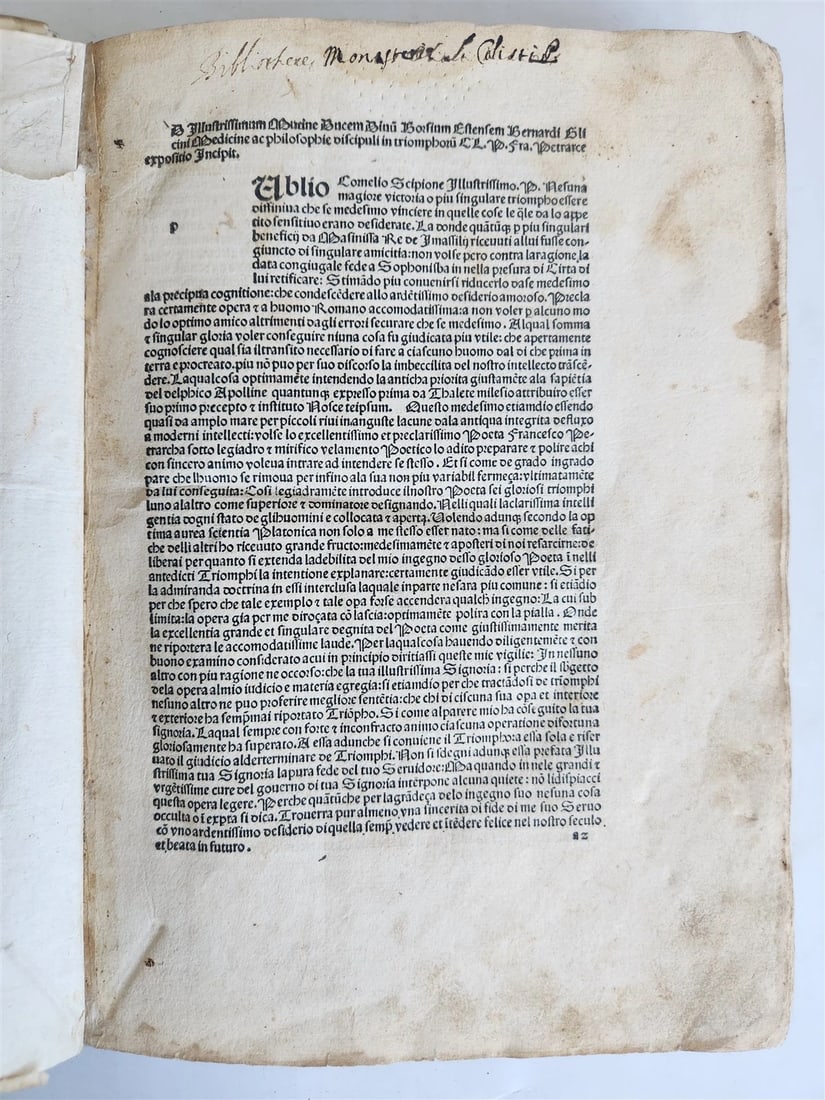 1478 INCUNABULA FRANCESCO PETRARCA by Bernardo Lapini da Siena antique FOLIO: Petrarca (Francesco) Trionfi, commentary by Bernardo Lapini da Siena Venice, Reynaldus de Novimagio and Theodorus de Reynsburch; 6 February, 1478 collation: a10 b8 c6 d e8 f10 g8 h i6 [?]8 k8 lo6.8 ps