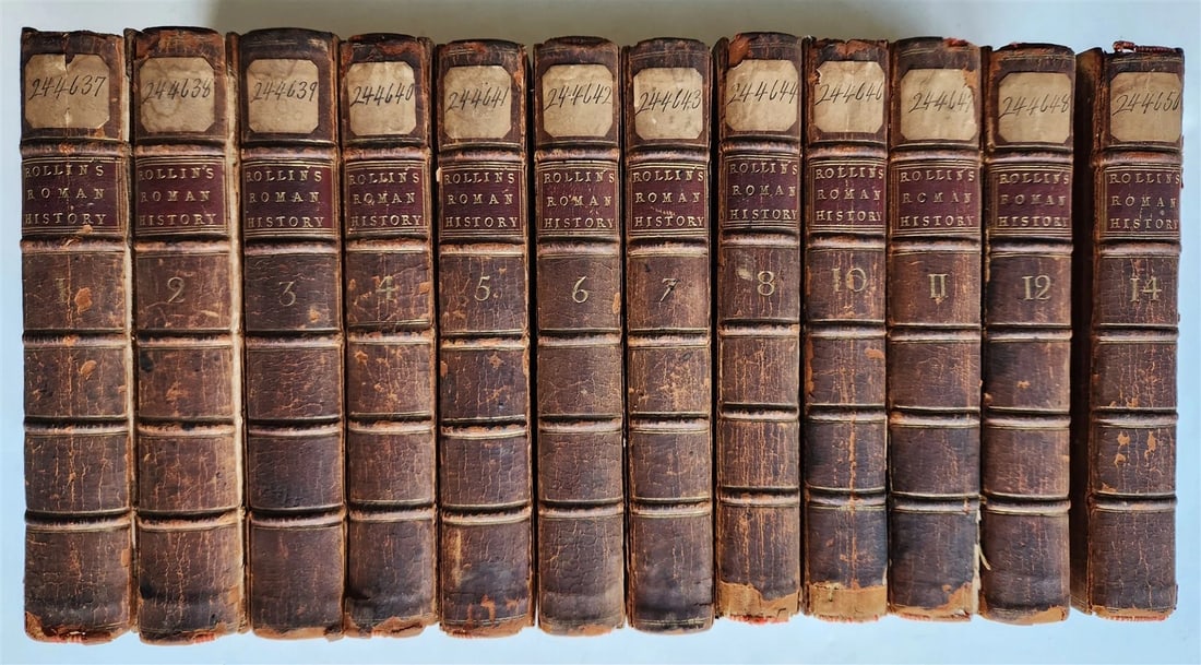 1754 ROMAN HISTORY by ROLLIN 12 VOLUMES antique ILLUSTRATED w/ MAPS: The Roman History From the Foundation of Rome to The Battle of Actium. By Rollin. Volumes 18, 1012 & 14 (incomplete set) London; 1754 Original leather binding, worn, a few covers detached good interio