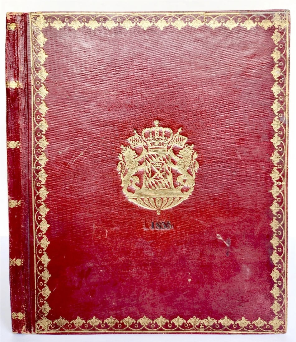 1855 dated COMPOSITION BOOK antique BINDING w/ GILT COAT OF ARMS (1 of 6)