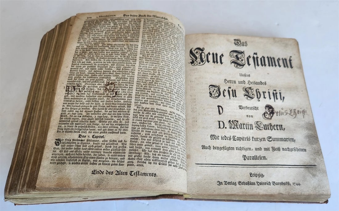 1744 BIBLE in GERMAN antique: BIBLE in GERMAN Leipzig: Barnbeck; 1744 2 parts in one volume Lacks OT title Original blindtooled leather binding, worn, with some spots and small hole at the upper part of the spine, minor toning, oc