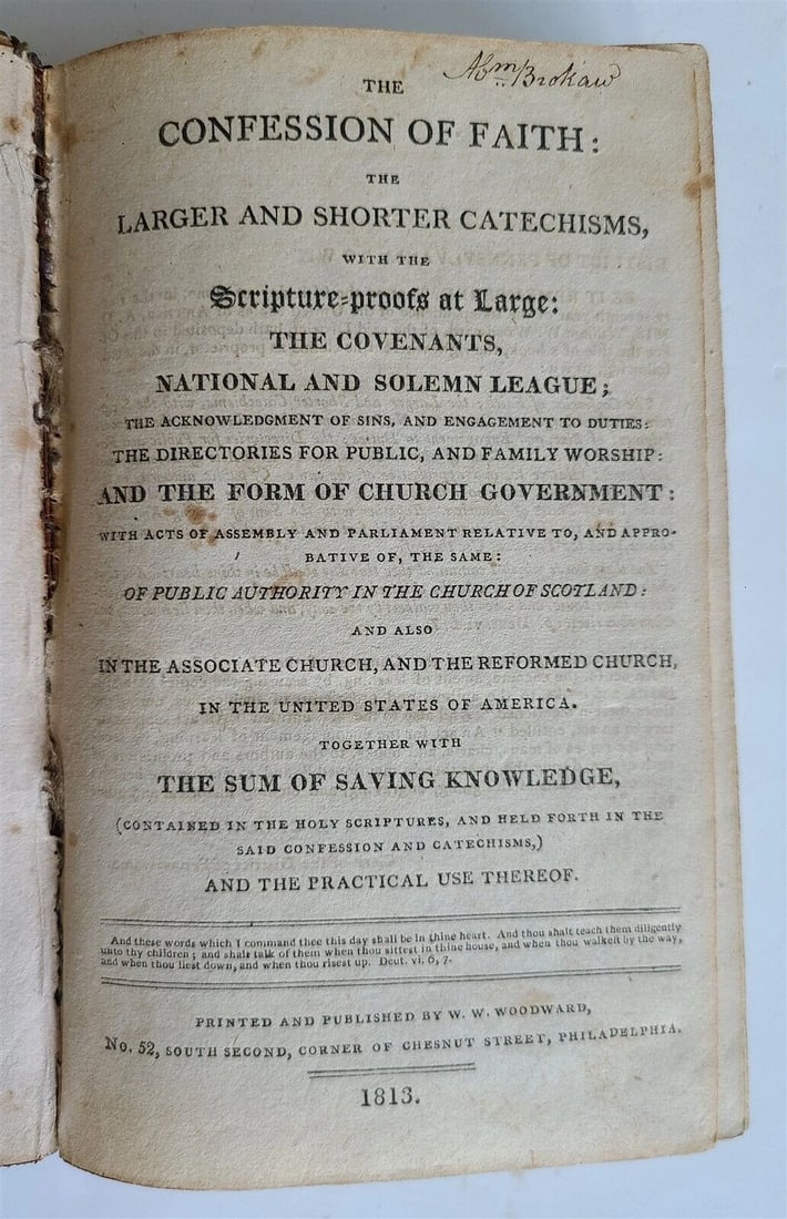 1812 Confession of Faith in ENGLISH antique EARLY AMERICANA Philadelphia: The Confession of Faith, Philadelphia: Woodward, 1813 Size 4.5 by 7" 542 pp plus Table and Advertising Period marbled sheep, hinges restored. Good condition Please see my other auctions Reserve: $98.0