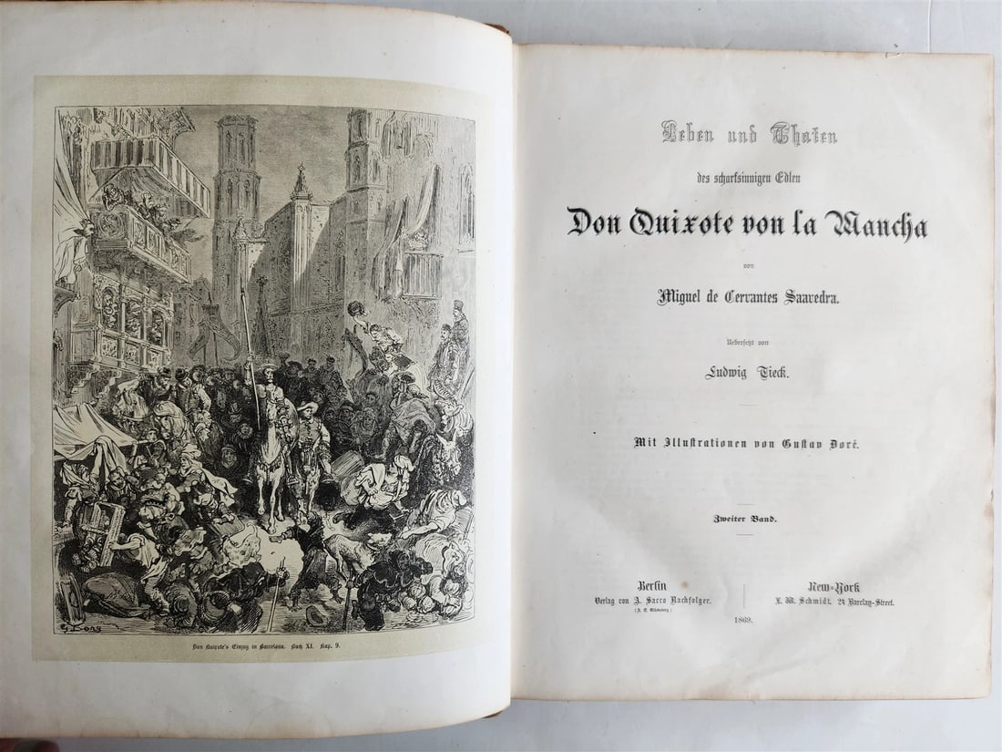 1869 DON QUIXOTE by CERVANTES antique GUSTAVE DORE ILLUSTRATED FOLIO in GERMAN: Leben und Thaten des scharfsinnigen Edlen DON QUIXOTE von la Mancha (Life and Deeds of the Ingenious Nobleman Don Quixote of la Mancha) by Miguel de Cervantes Saavedra transtaled by Ludwig Tieck Berli
