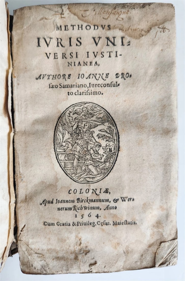 1564 LAW BOOK Methodus Iuris Universi Iustiniana antique VELLUM BOUND: Methodus Iuris Universi Iustiniana by Ioanne Droo Cologne; 1564 Original overlapping limp vellum, manuscript title to the spine, soiled, lacks ties Good interior, some occasional spotting, front hinge
