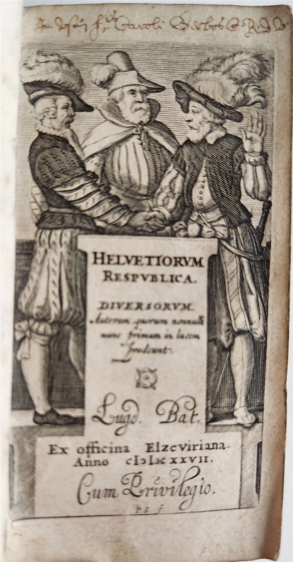 1627 SWITZERLAND history & travel guide Helvetiorum Respublica antique VELLUM: SIMLER Josias Helvetiorum Respublica Leiden, Elzeviers; 1627 Original overlapping vellum, manuscript title to the spine, soiled Engraved title. Very good gondition. Ancient vellum manuscript pieces us