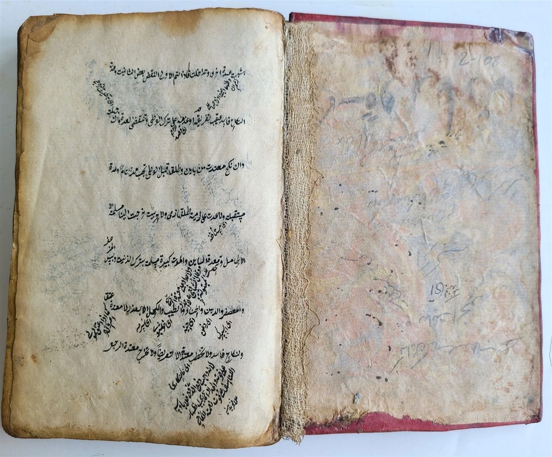 19th century ARABIC MANUSCRIPT ISLAMIC LAW BOOK antique: Text in Arabic, Nastaliq script 19th century, not dated Purchased in Uzbekistan Original binding with embossed medallions Size 6 3/4 by 9 3/4" Nice calligraphy about 120 lvs (240 pp) Some wear, margin