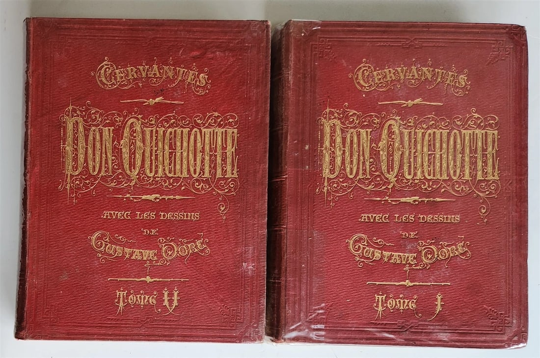 1869 DON QUIXOTE by CERVANTES illustrated by GUSTAVE DORE antique 2 FOLIO VOLS: L'ingenieux Hidalgo Don Quichotte de la Manche. by Miguel de Cervantes Paris, Hachette ; 1869 2 vols. With 370 engravings in the text and plates by Pisan after Gustave Dore. 2 leaves, XXIV, 586 pp., 1
